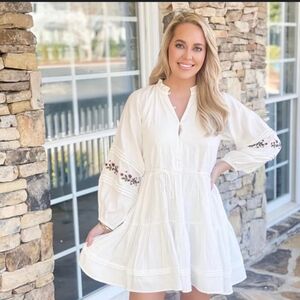 Storia Long Sleeve Boho Lace Embroidered Dress White Size Small